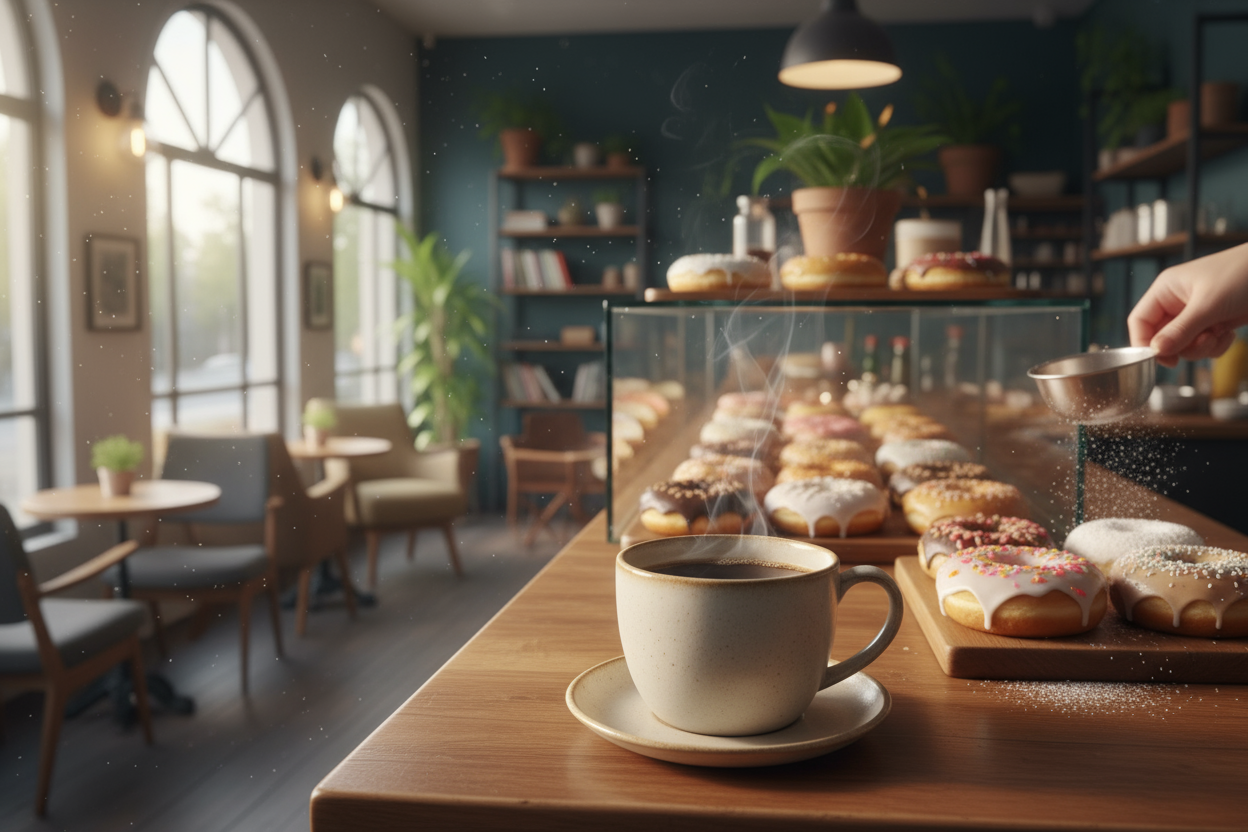 a cup of coffee in a donut shop
