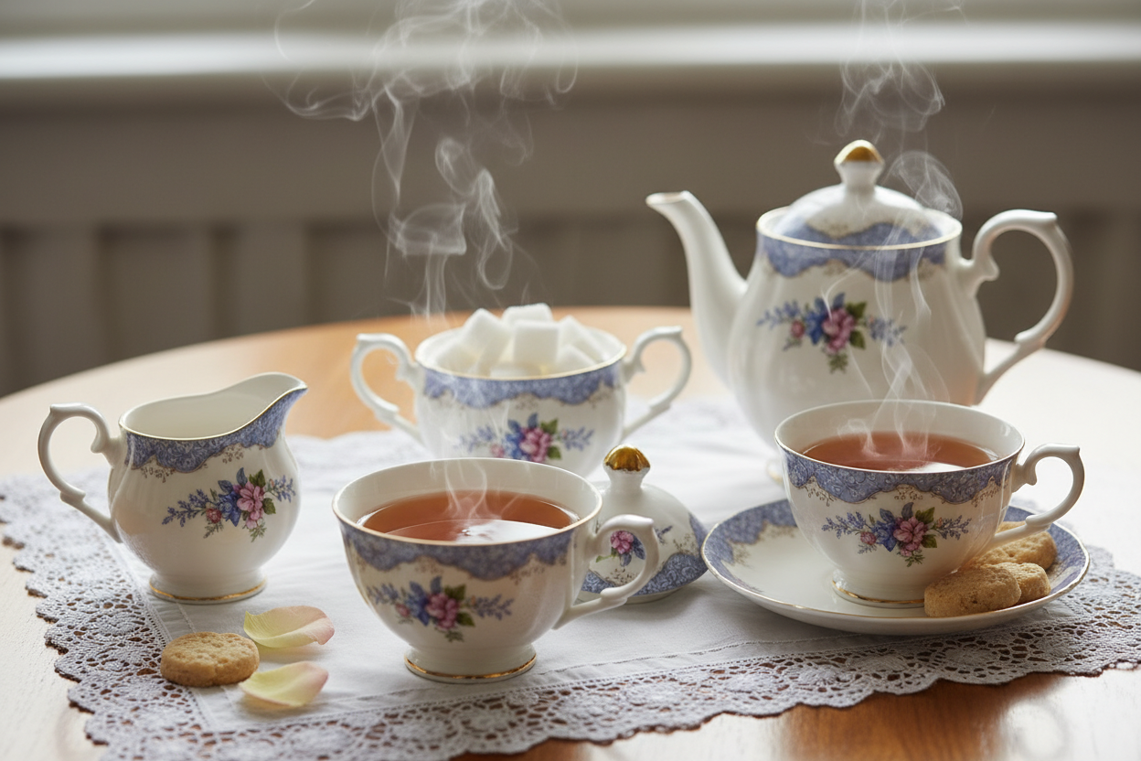 classic english tea set of cups of hot tea, sugar, and pitcher of cream