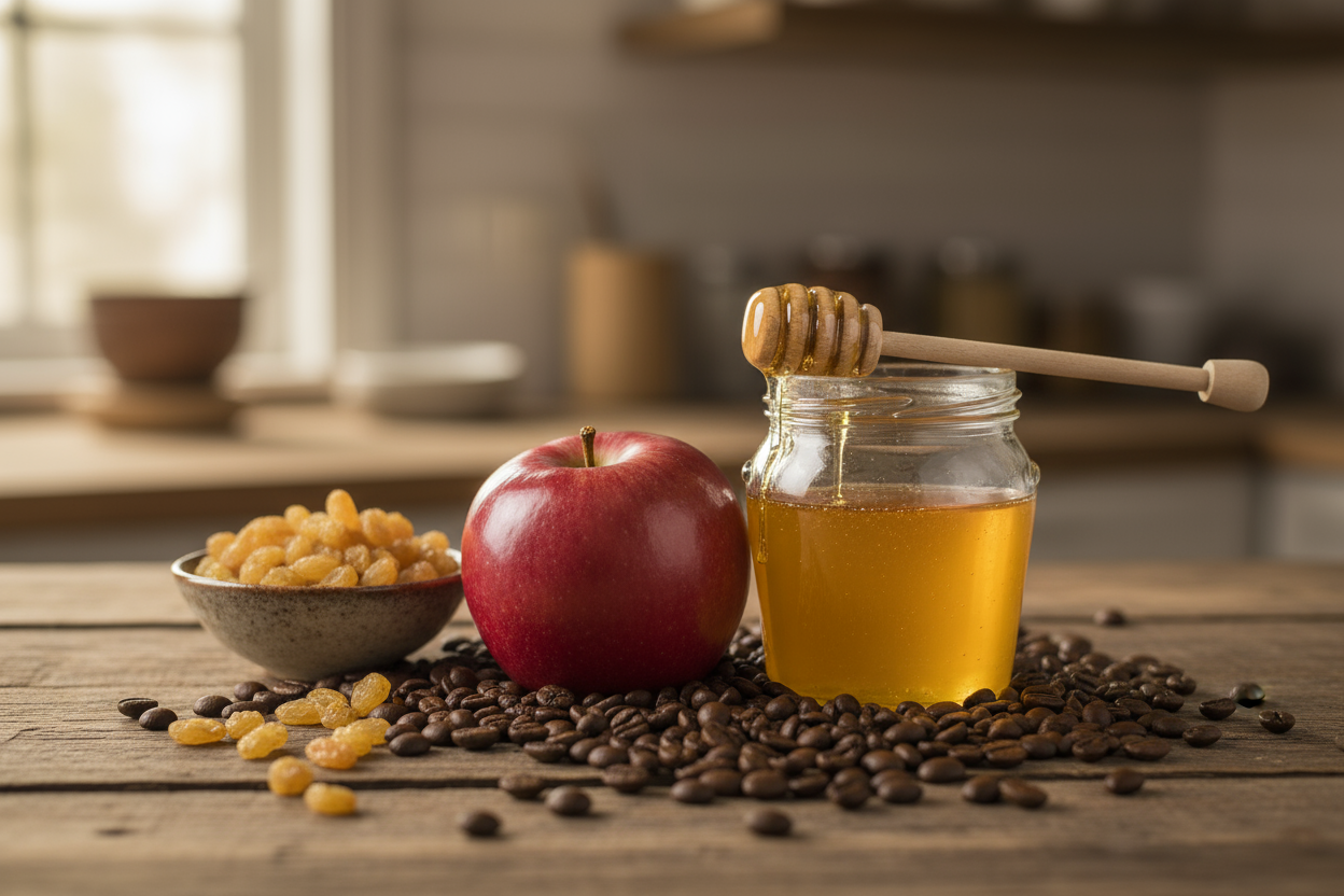 coffee, apple, raisin, honey