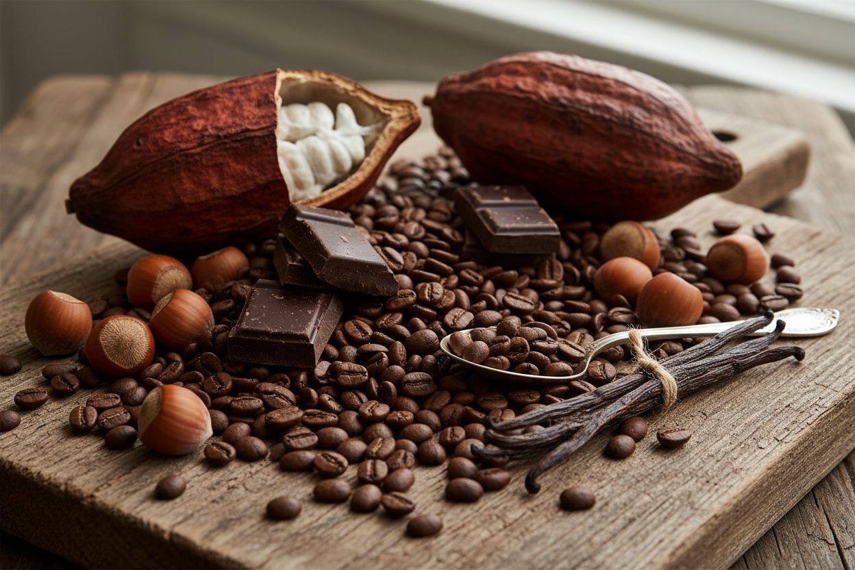 coffee, chocolate, cocoa, hazelnuts, vanilla
