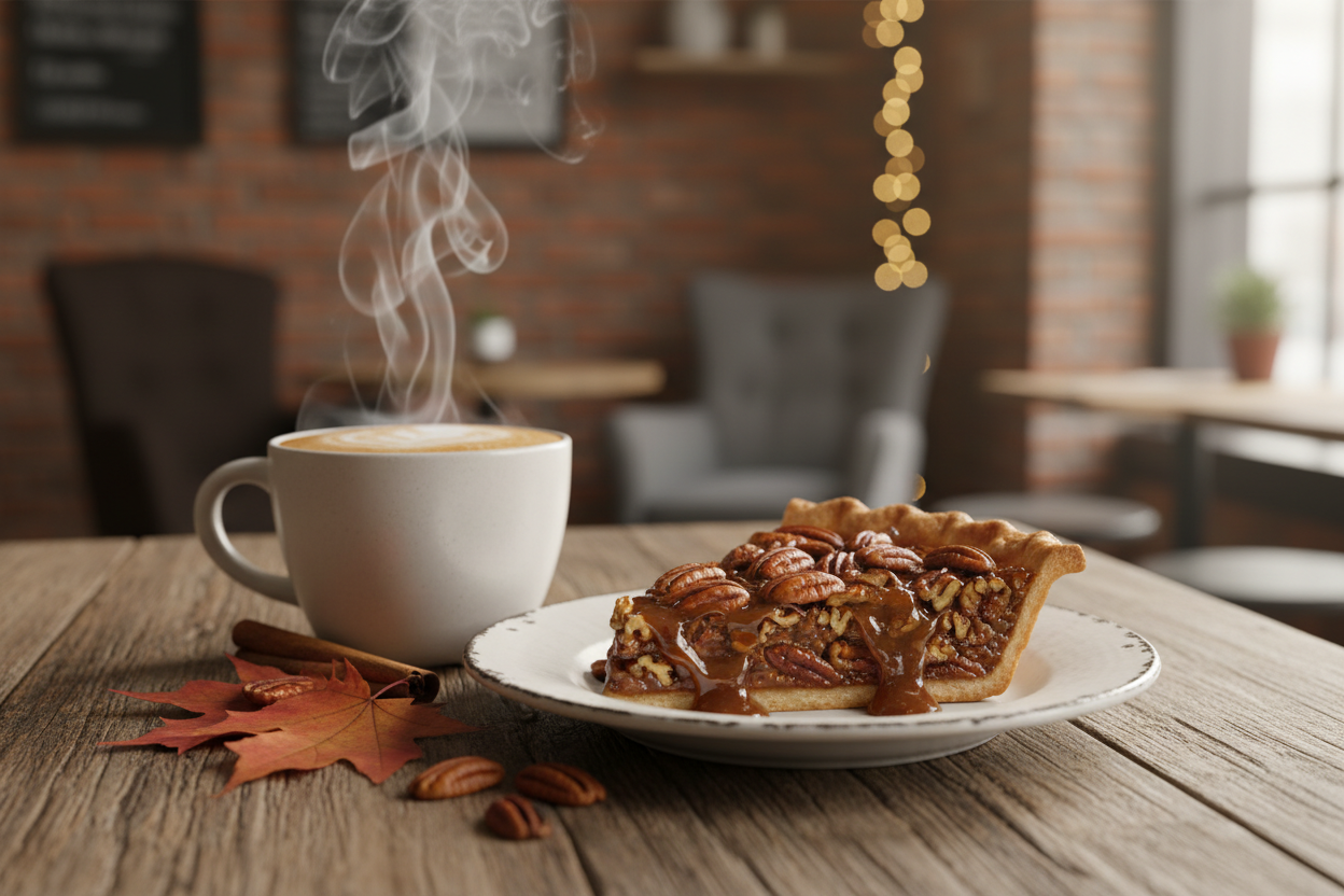 coffee, pecan pie, toasted pecans, caramelized brown sugar