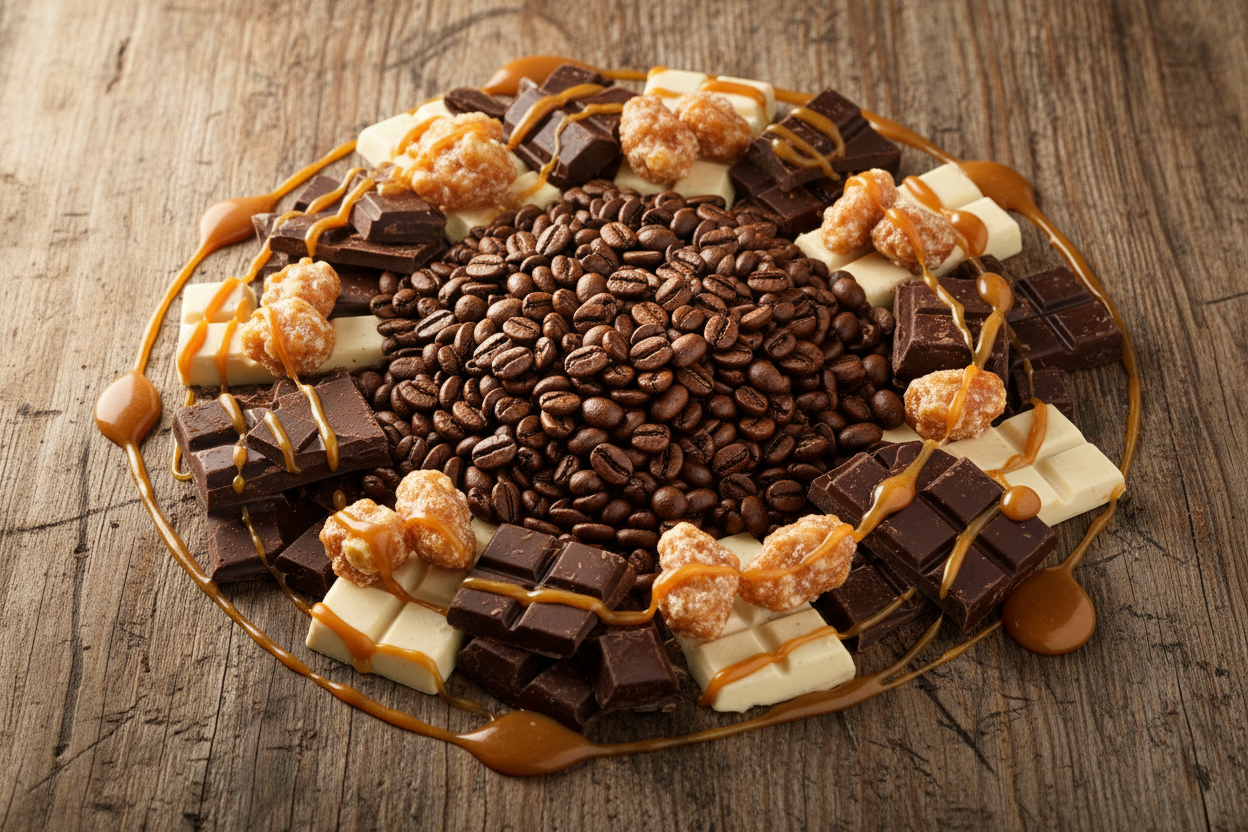 coffee surrounded by chocolate, carmel, and candied pralines