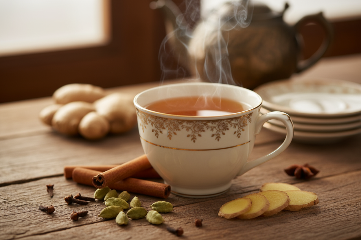 cup of hot tea, cinnamon, cardamom, cloves, and ginger